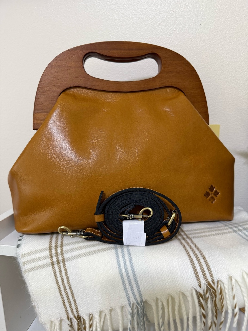 Patricia Nash Women's Tan Leather Shoulder Bag with Wooden Top Handle